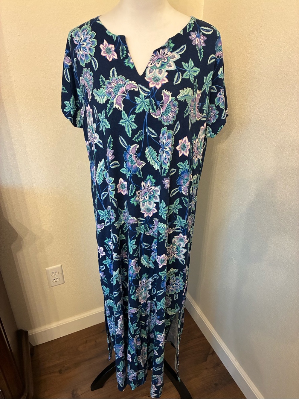 J. Jill Navy Floral Short-Sleeve Maxi Dress with Teal & Lavender Print